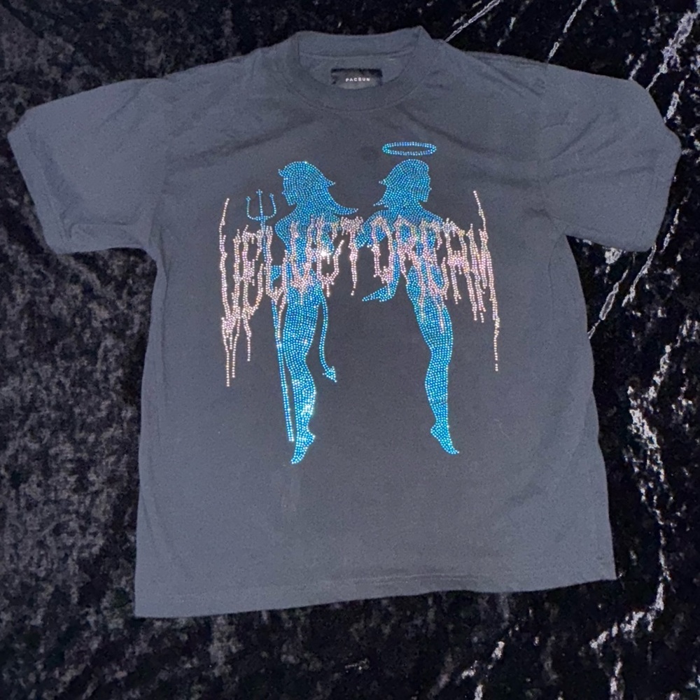 Black and blue rhinestone, angel, graphic tee, PacSun